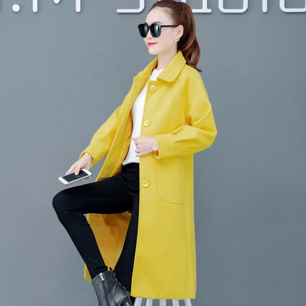 Модное зимнее пальто для женщин, Офисная однотонная винтажная зимняя офисная шерстяная куртка с длинным рукавом и пуговицами, пальто с отложным воротником, Manteau Femme