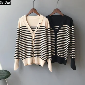 

2020 Women Striped Knitted Sweaters Cardigans Coat Female Autumn Korean Loose Casual Long Sleeve Sweaters Jacket Ladies Sweaters