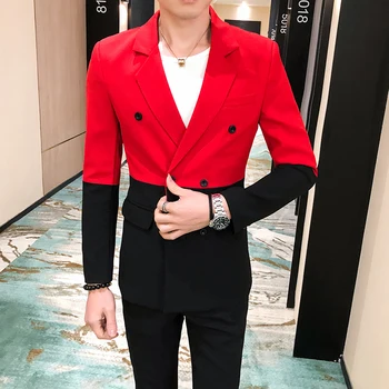 

Splicing Blazer Men's Suit Double Breasted Korean Slim Fit British Two Piece Suit Fashion Wedding Groom Suits Singer Costume