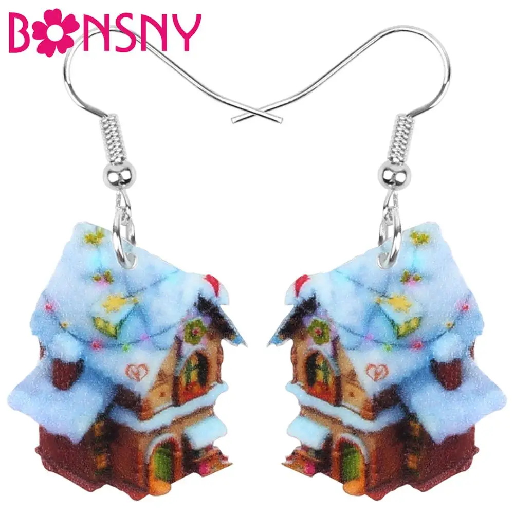 Bonsny Acrylic Christmas Anime Snow House Earrings Drop Dangle Festival Decoration Jewelry For Women Girls Teens Gift Accessory | Украшения