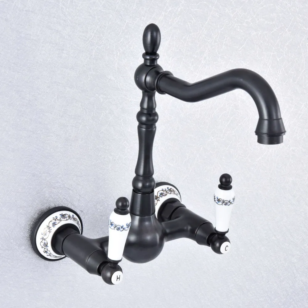 

Oil Rubbed Bronze Dual Handles Bathroom Kitchen Sink Faucets Wall Mounted Swivel Spout Two Holes Kitchen Mixer Taps Nsf711