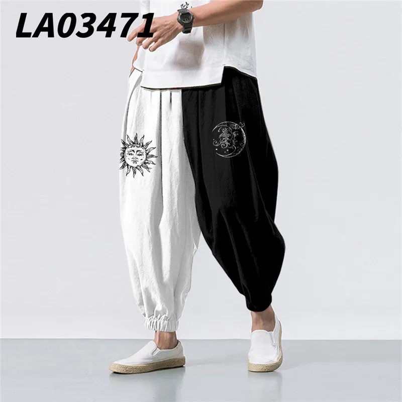 특대 6XL 화이트 블랙 썬 문 스플 라이스 프린트 캐주얼 비치 하렘 바지 남성 힙합 9 포인트 바지 조깅 스선 팬츠