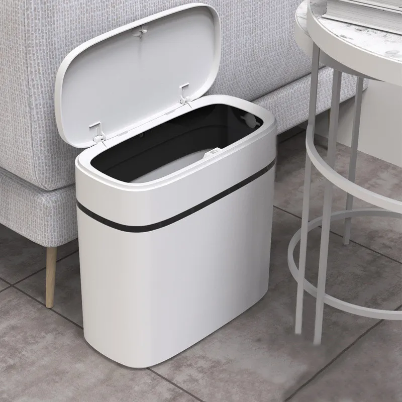 

Waste Bins 12L Home Bathroom Kitchen One Key Trash Can with lid Nordic Trash Bag Holder Garbage Bin for Toilet Narrow Seam