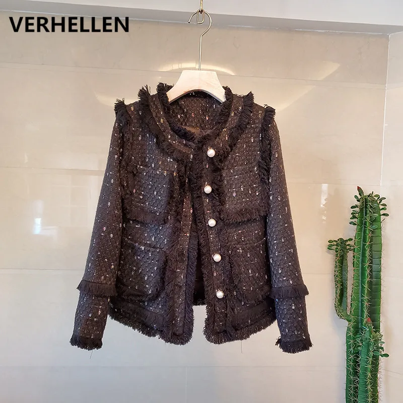 VERHELLEN, высокое качество, подиум, твидовые пальто,, весна, осень, женские, длинный рукав, жемчужные пуговицы, кисточка, тонкая короткая куртка, пальто, топы