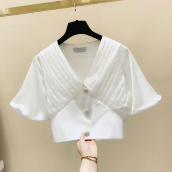 

V-neck Puff Sleeve Shirt Women's Summer Crop Top New Style Short Temperament Slimming All-match Blouse Shirts Tops