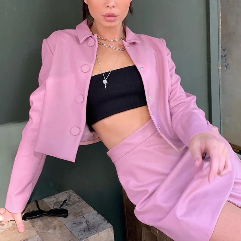 

2019 Real New Full 2019ins Explosion Models Europe And The Autumn Pu Leather Lapel Button Long Sleeve Coat Skirt Cros Two-piece