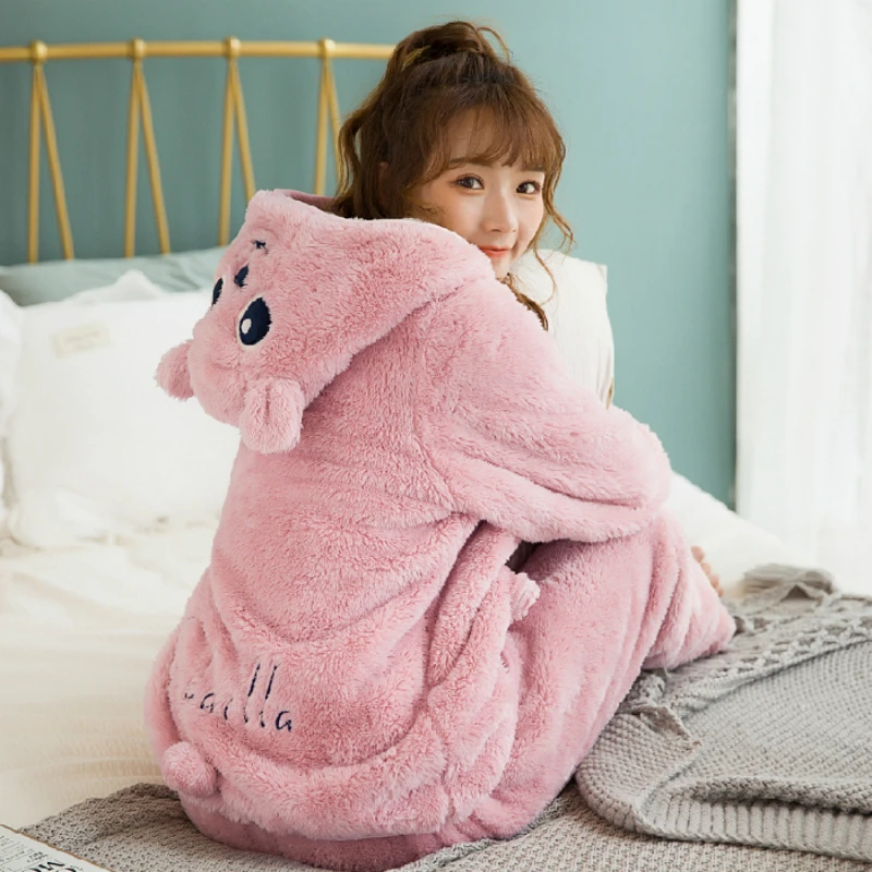 

Winter Thick Warm Flannel Girl Pajamas Sets for Women Long Sleeve Hooded Coral Velvet Lovely Pyjama Cute Cartoon Sleepwear M-2XL