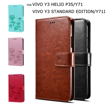 Перейти на Алиэкспресс и купить Чехол-книжка с бумажником для Vivo Y3 Helio P35 Y71, Премиум чехол для телефона, чехол для Vivo Y71 Y3, стандартный выпуск, кожаный чехол с подставкой, чехл...