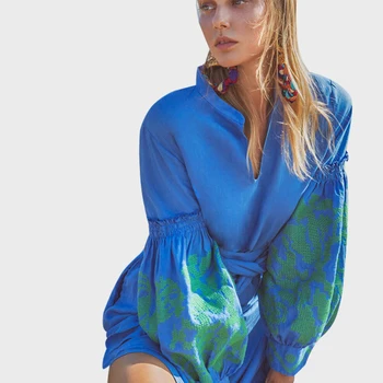 

2020 Retro Embroidery Print Maxi Dress Sexy V Neck Lantern Sleeve Tassel Sash Vestidos Summer Fall Casual Split Women Long Dress