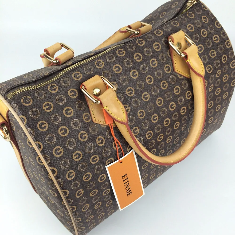 COOSKIN fashion classic women's handbag SPEEDY canvas Boston bag Crossbody bag Oxidized leather handle Initials Hot stamping