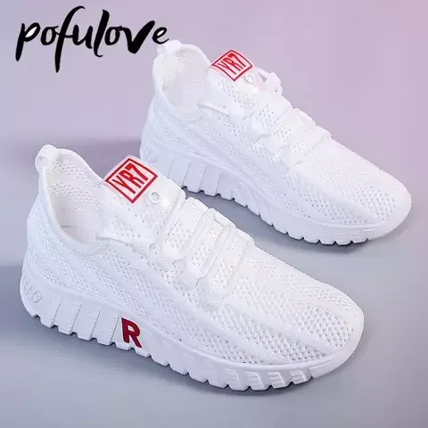 Pofulove Women Shoes White Sneakers Tennis Mesh Shoes Casual Shallow Lace-Up Zapatos Female Breathable Light Sport Running Shoes