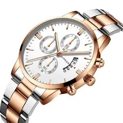 2019 новые поддельные трехглазые мужские деловые часы с ремешком из сплава и стали, кварцевые часы с календарем