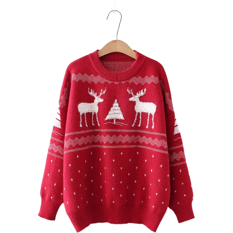 

Winter Christmas New Year Red Sweater Girl Student Loose Knitted thick sweaters Female Harajuku Pullovers 2011498