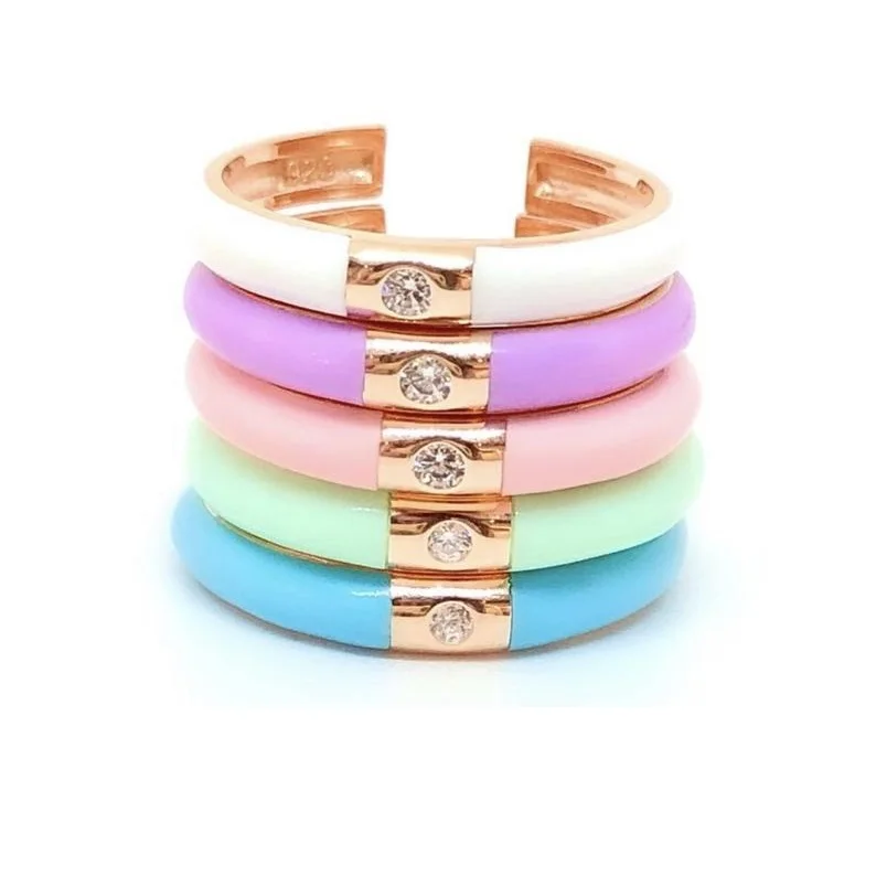 Simple Colorful Women Stacking Finger Band Pastel Enamel Single CZ Simple Ring
