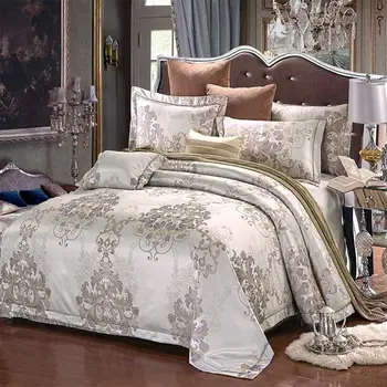 

New Luxury Jacquard Color Silk Cotton satin Bedding Set Classic Bed set Duvet cover Bed sheet Pillow case Queen King 4 Pcs