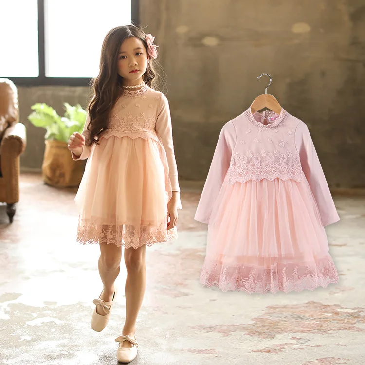

2019 Spring New Style Long Sleeve GIRL'S Lace Skirts Comfortable Korean-style Girls Spring And Autumn Parquet Side Dress