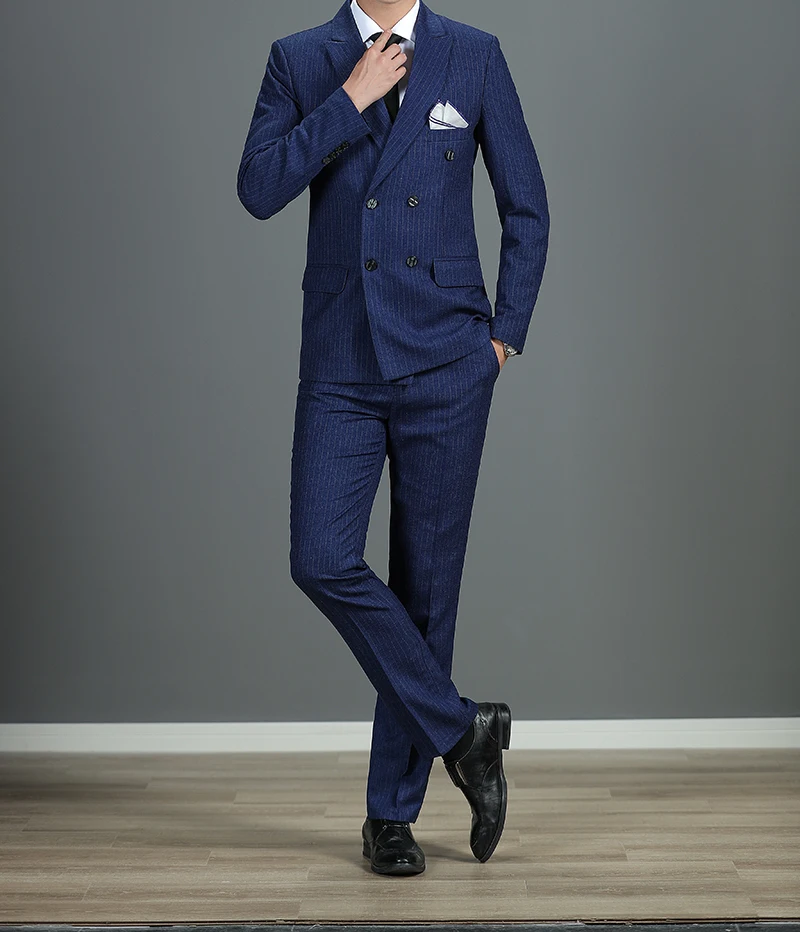 Description Picture 3 of item(Jacket + Vest + Pants) Mens Double-breasted Suit Fashion Groom Wedding Dress High-end Party Business Striped Slim Suit 3Pcs Set