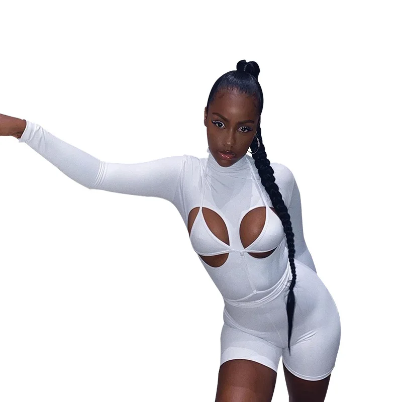

Hollow Out Dew Chest Solid Color Sexy Bodycon Lace Up Bra Jumpsuit Women Fashion Party Clubwear Long Sleeve Rompers Playsuits