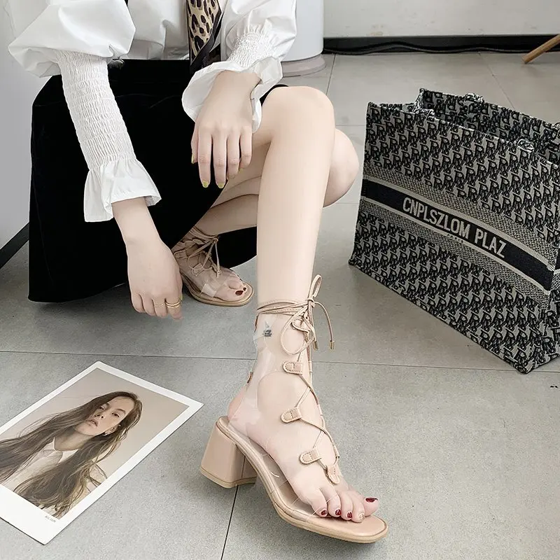 

Summer 2020 new versatile medium thick heel transparent women's sandals fashion square head open toe strap women's shoes X030