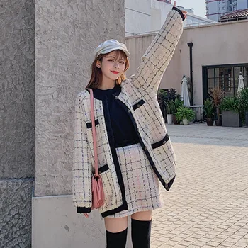 

2020 Autumn Winter Vintage Elegant Tweed 2 Piece Set Women Slim Jacket Coat Mini Skirt Suit Two Piece Outfits crop top conjuntos