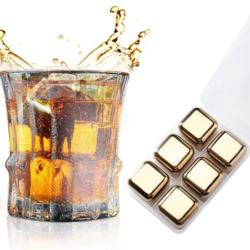 

6 Pcs Stainless Steel Reusable Golden Whiskey Stones Ice Squares Chilling Rocks Whisky Cooler Whiskey Ice Bucket Cooler