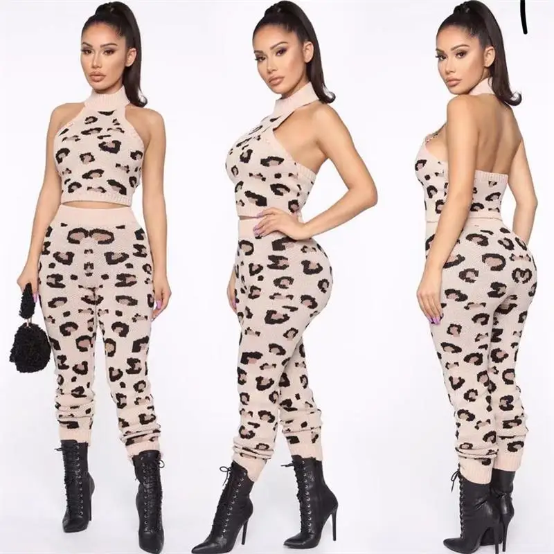 Новинка, осенний и зимний модный стиль, жаккардовый жилет, брюки, леопардовая расцветка, утягивающий сексуальный женский костюм из двух частей