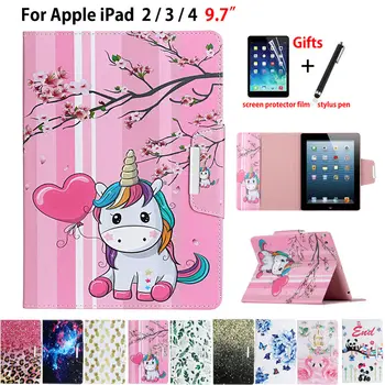 

Funda For Apple iPad 2 3 4 Case Cover For iPad2 iPad3 iPad4 Coque Cartoon Print Silicone PU Leather Stand Shell Capa +Gift