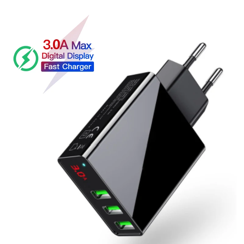 

3 Port USB Phone Charger LED Display EU/US Plug Smart USB Fast Charging for Mobile IPhone Wall Charger for Iphong Samsung Xiaomi