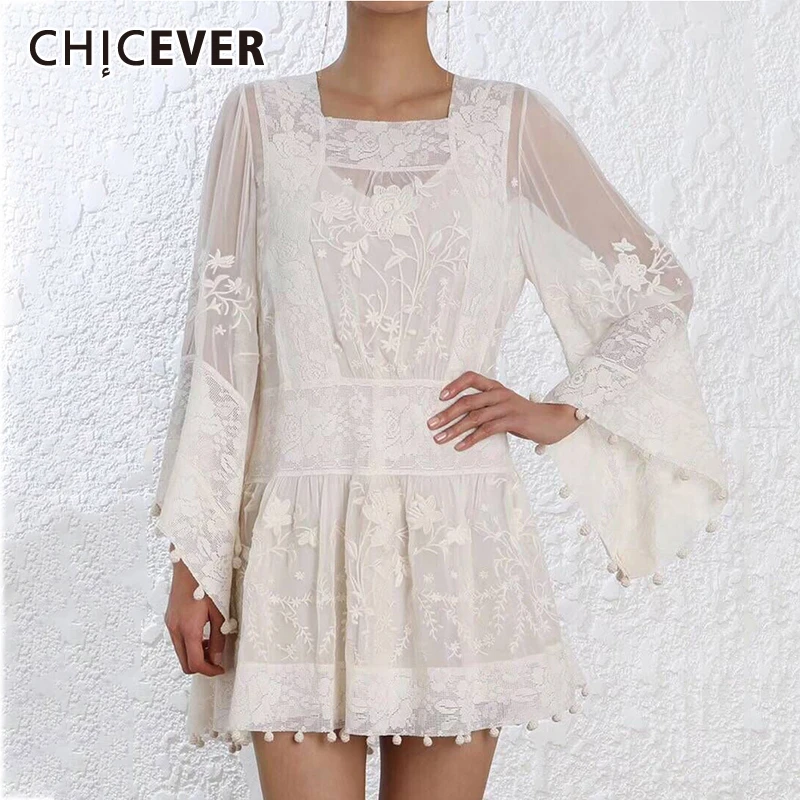 CHICEVER корейское кружевное лоскутное красивое платье для женщин с расклешенными рукавами и квадратным воротником трапециевидные платья женские модные новые осенние