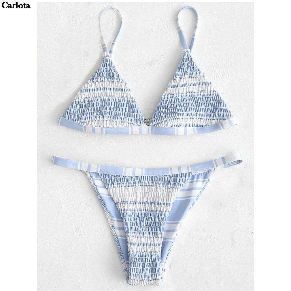 

Sweet Small Fresh Bikini Candy Color Swimsuit Pleated Sexy Split Ladies Striped Swimwear Sexy Bikini Swim Bathing Suit