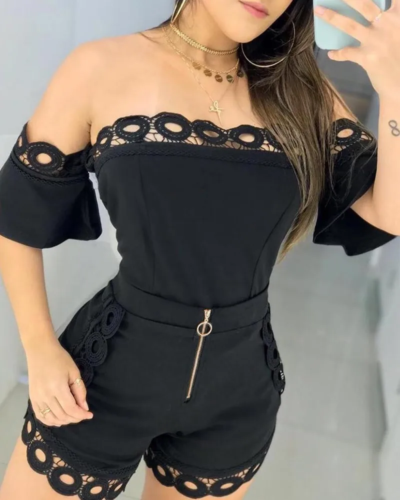 

Female Sexy Off Shoulder Hollow Out Lace Detail Two Pieces Set Short Sleeve Tops & Zipper Fly Shorts Casual 2 Piece Outfits