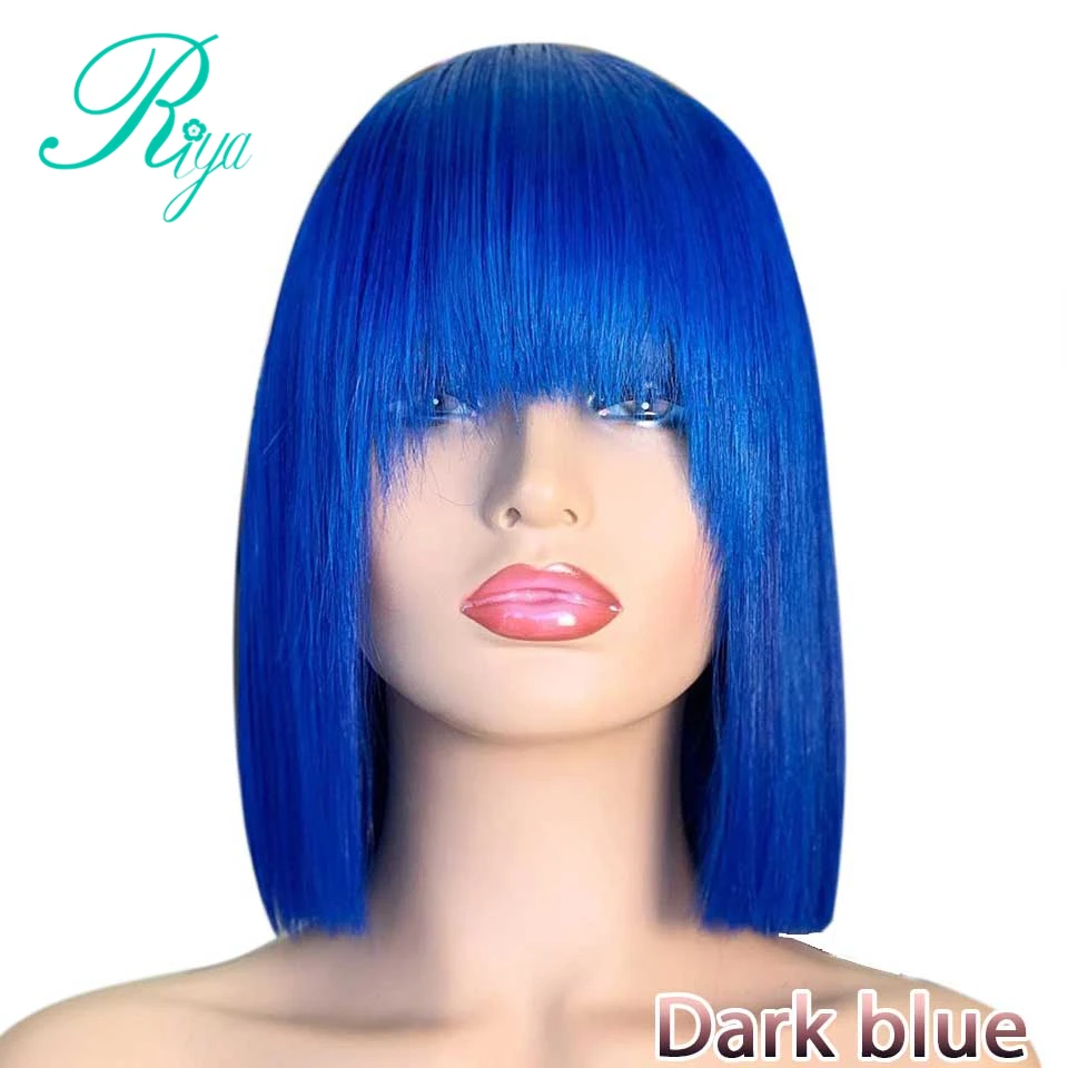 Dark Blue 13X4 150% зеленого и красного цвета блонд, зеленые, синие, желтые бордовый Цвет короткий Боб Синтетические волосы на кружеве человеческих волос парики с челкой IndianH8-16 волосы Remy - Цвет: Dark Blue