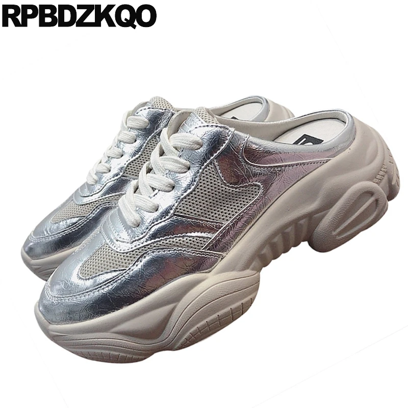 flats silver lightweight casual thick sole muffin slippers creepers platform shoes women elevator mesh sneakers trainers mules