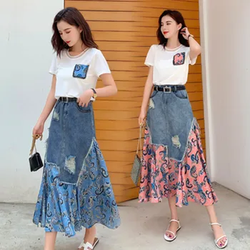 

High Quality Women 2020 Summer New High-end Nail Bead Top T-shirt + Denim Splicing Real Silk Printting Mid-calf 2 Piece Set
