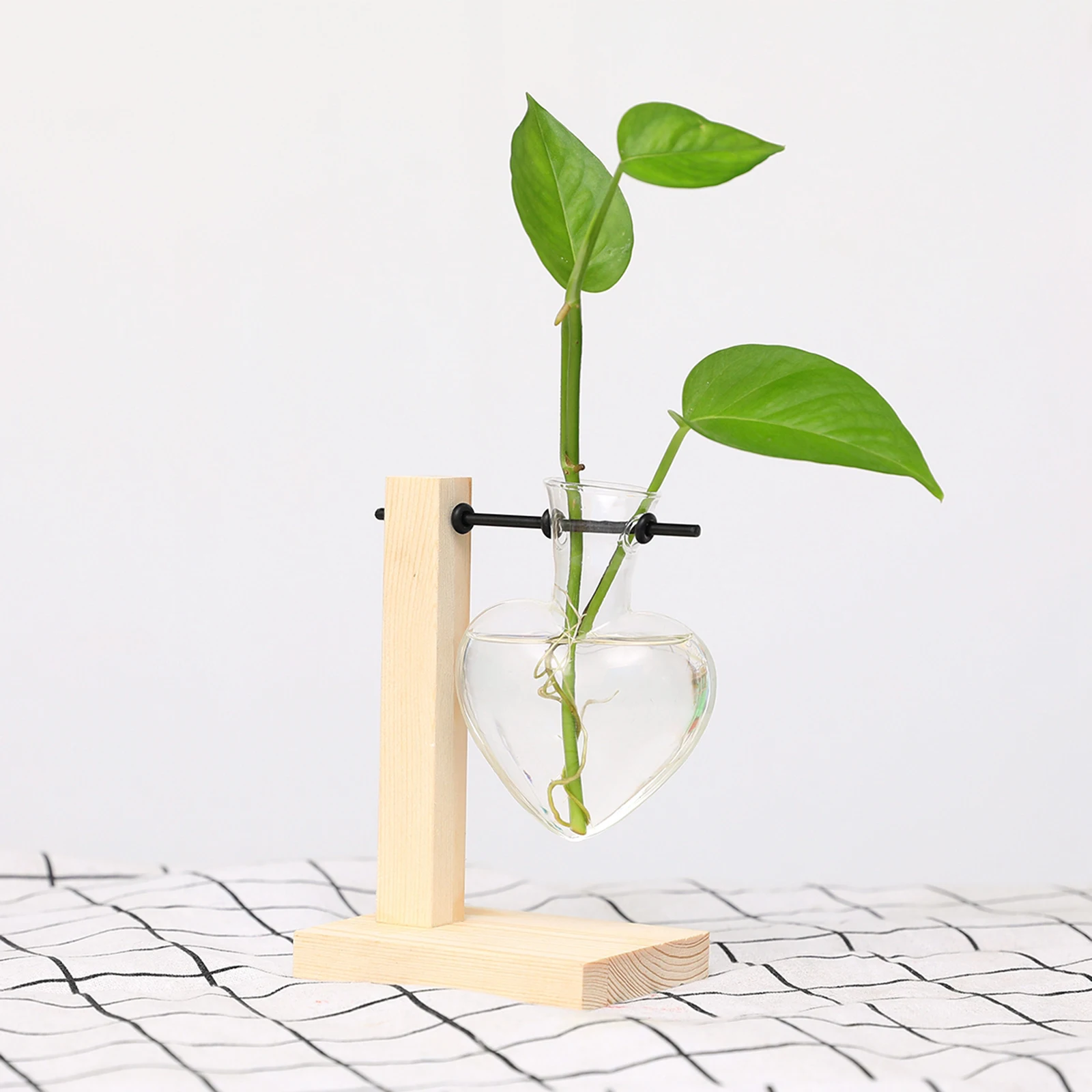 Wooden Frame Clear Glass Vase Heart Shape Hydroponic Plant Vase Flower Pot Table Desktop Bonsai Bud Vase Home Decoration