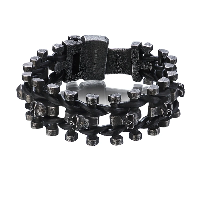 Ретро черный из нержавеющей стали череп мужской браслет для мужчин цепочка в стиле панк-рок кожаные браслеты Хип-хоп