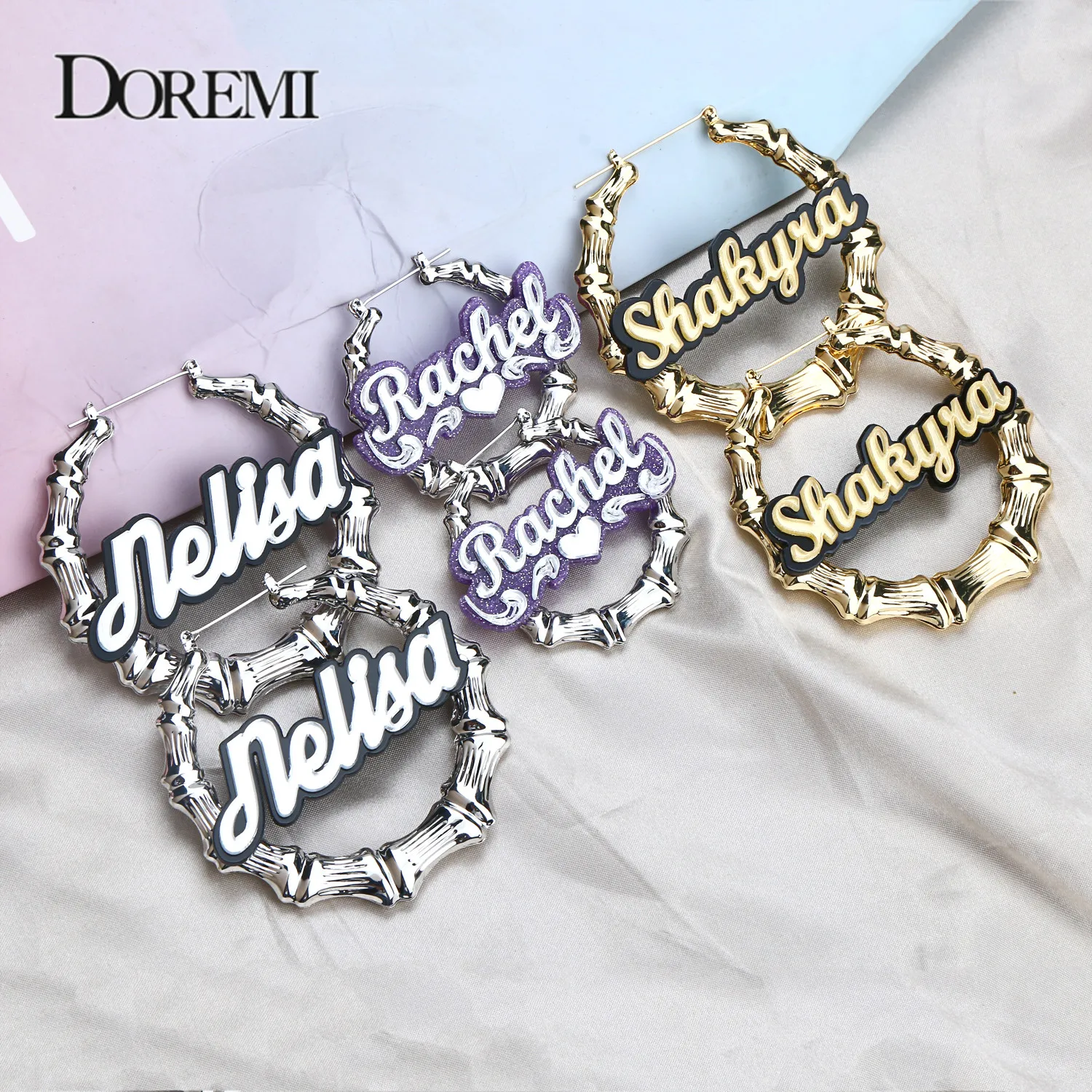 DOREMI-유행 아크릴 사용자 정의 이름 귀걸이 스테인레스 대나무 힙합 라운드 귀걸이, 여성 개성 컬러 아크릴 귀걸이 선물