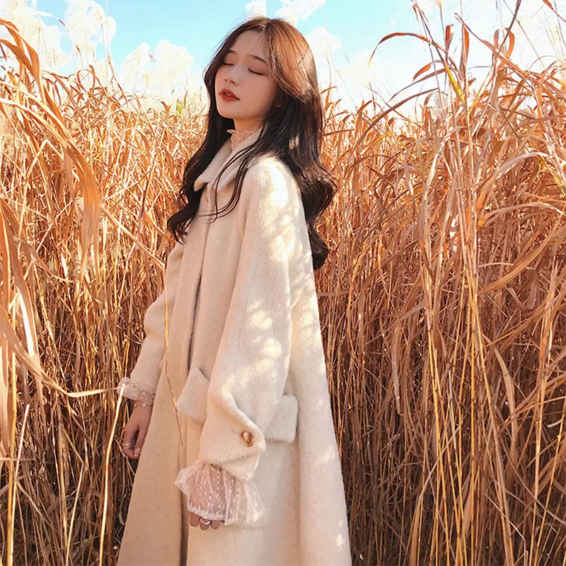 HANZANGL Korean Version Wool Coat winter jacket women long-sleeved Woolen Cashmere Coats Long Outwear beige/pink