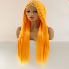 Оранжевый желтый Длинные прямые синтетические парики на кружеве без клея ручная вязка термостойкие волокна средний пробор волос для женщин парики