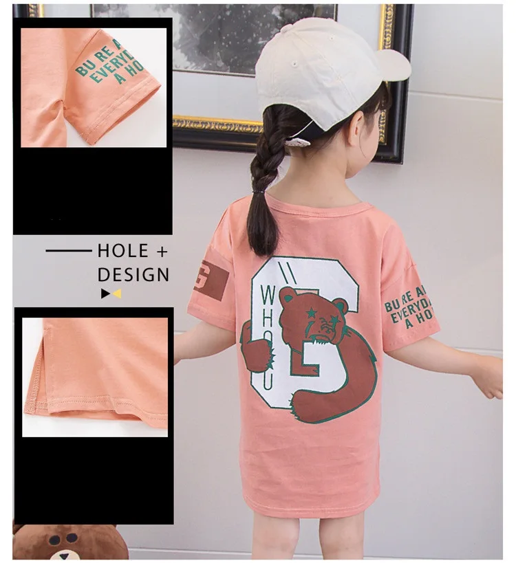 Trendy children's T-shirt summer new style in the long section of casual printing cartoon bear bottoming shirt short sleev