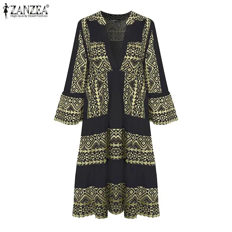 ZANZEA винтажное женское мини-платье с принтом богемные Вечерние Короткие Vestidos Повседневные летние сарафаны лоскутное платье-мешок Vestidos