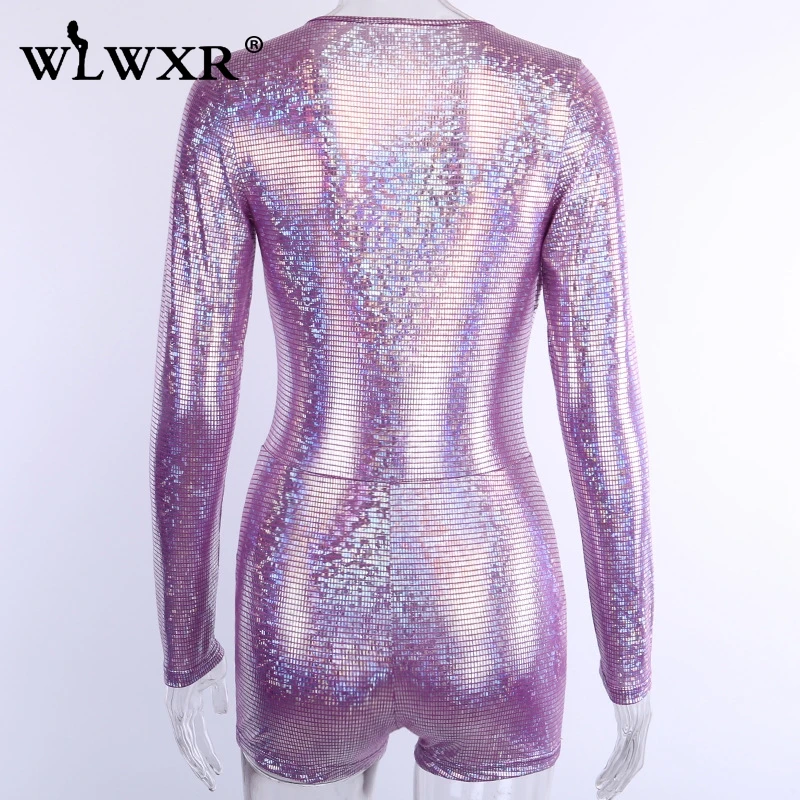 WLWXR Autumn Glitter Long Sleeve Sexy Rompers Womens Jumpsuit Female Playsuit One Piece Ladies Bodycon Short Jumpsuit Women