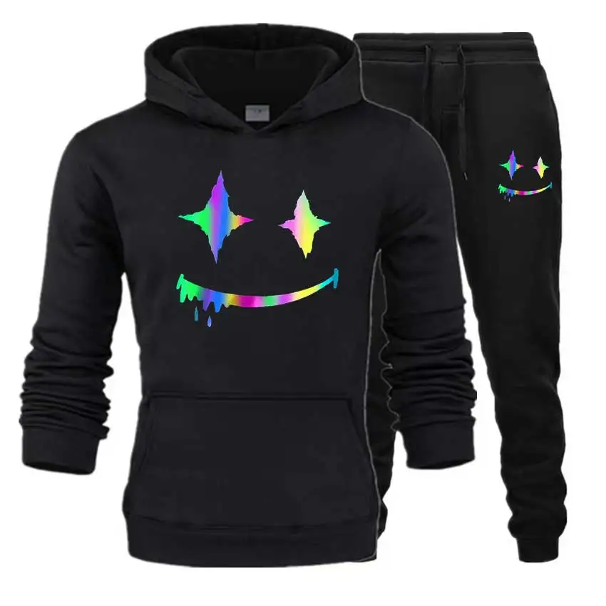 

Men's Sets Reflective Rainbow Hoodies And Pants Smile Print Pullover Suit Oversize Tracksuits Sportswear Sweatsuit Homme Clothes