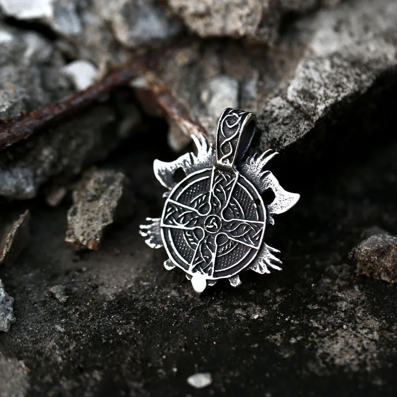 Vintage Gothic Pirate Double Axe Pendant Punk Stainless Steel Viking Odin Riding Crow Pendant Fashion Men Hip Hop Party Jewelry