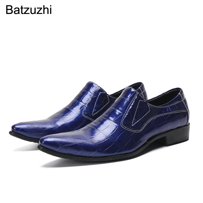 Batzuzhi Pointed Toe Formal Business Leather Dress Shoes Men Handmade Men's Shoes Blue Leather Dress Shoes for Men Slip on!