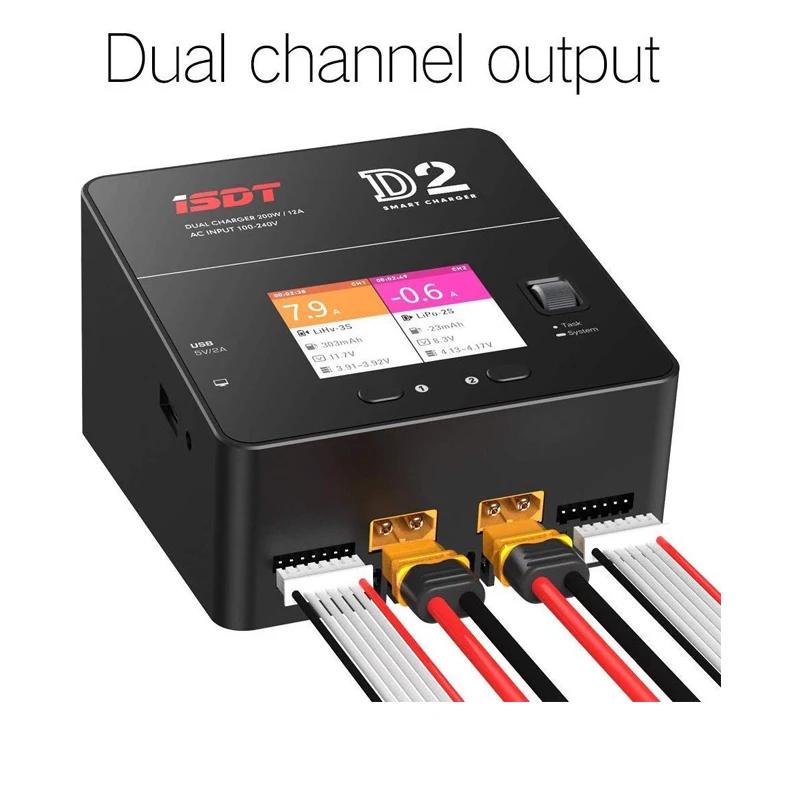 ISDT D2 LiPo зарядное устройство Duo Dis зарядное устройство двойной 200 Вт 12A2 AC двухканальный выход 1-6S Li-Ion Life NiCd NiMH LiHV PB Sma