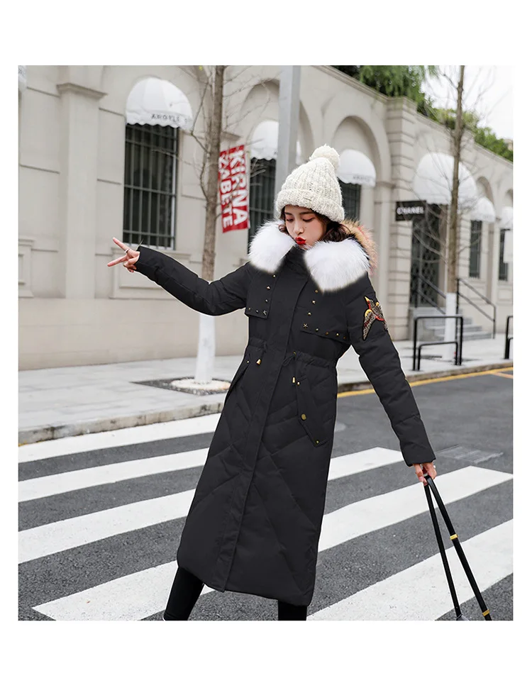 Down Jacket Women's New Style Mid-length-Style White Duck down Korean-style Large Fur Collar Loose-Fit Embroidered Warm Coa