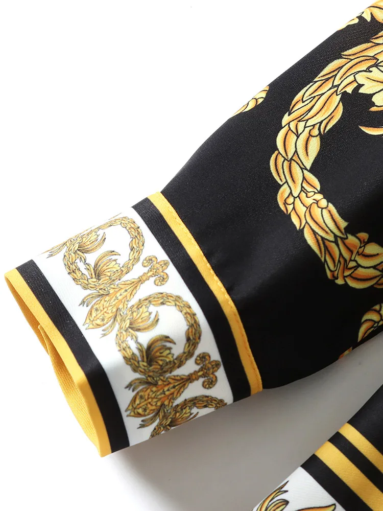 10.5 High quality Autumn New diamonds beading Turn-down collar long sleeve blouses Package Hip asymmetrical skirt print suit