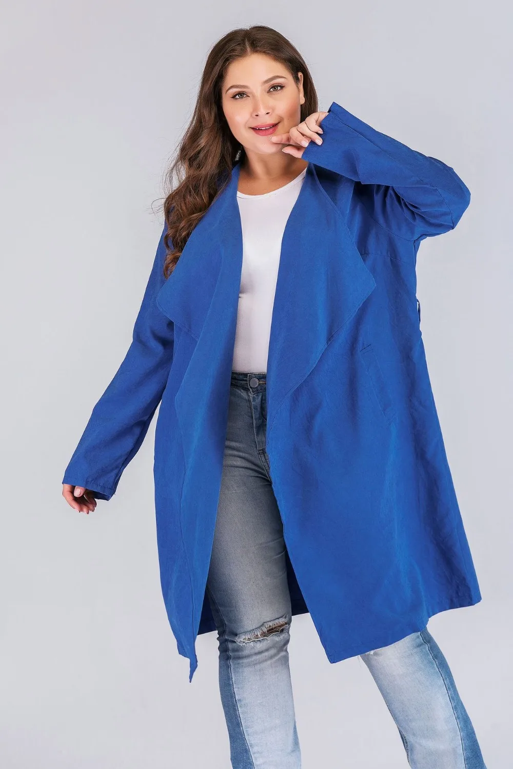 autumn winter women plus size casual loose long sleeve coat trench windbreaker large size with belt blue 4XL 5XL 6XL 7XL