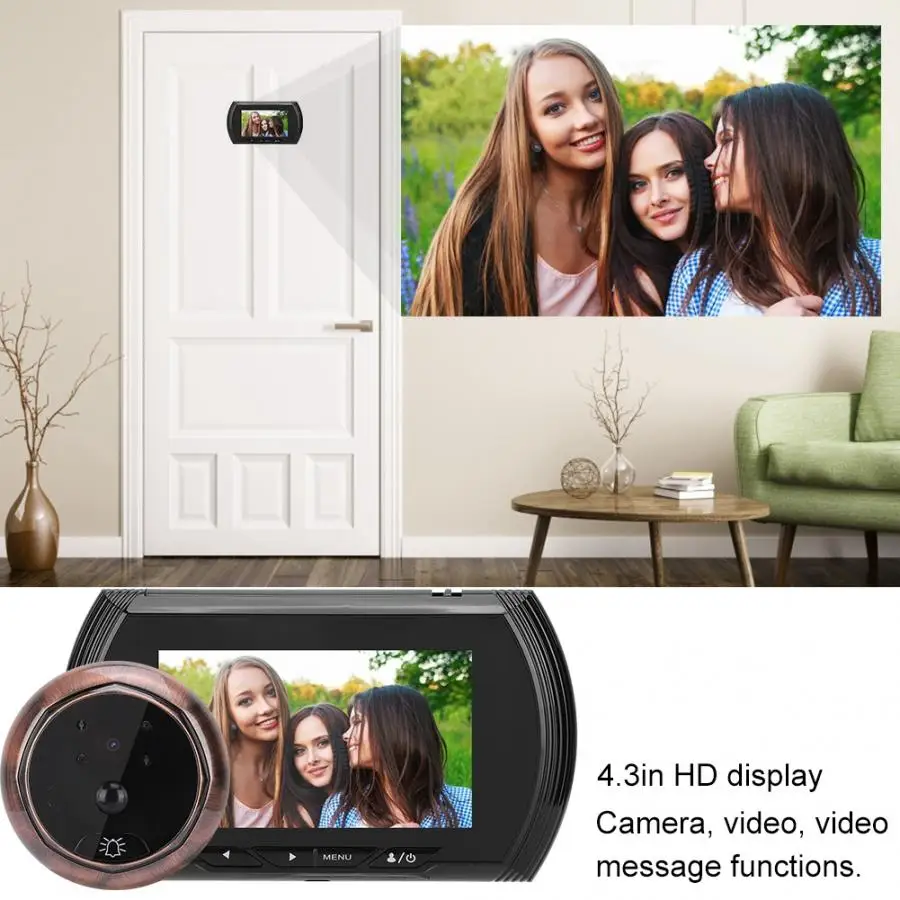 4,3 дюймов умный дверной просмотр HD цветной экран 1.3MP 140 градусов широкоугольная камера видео дверной звонок ИК ночного видения PIR Домашняя безопасность